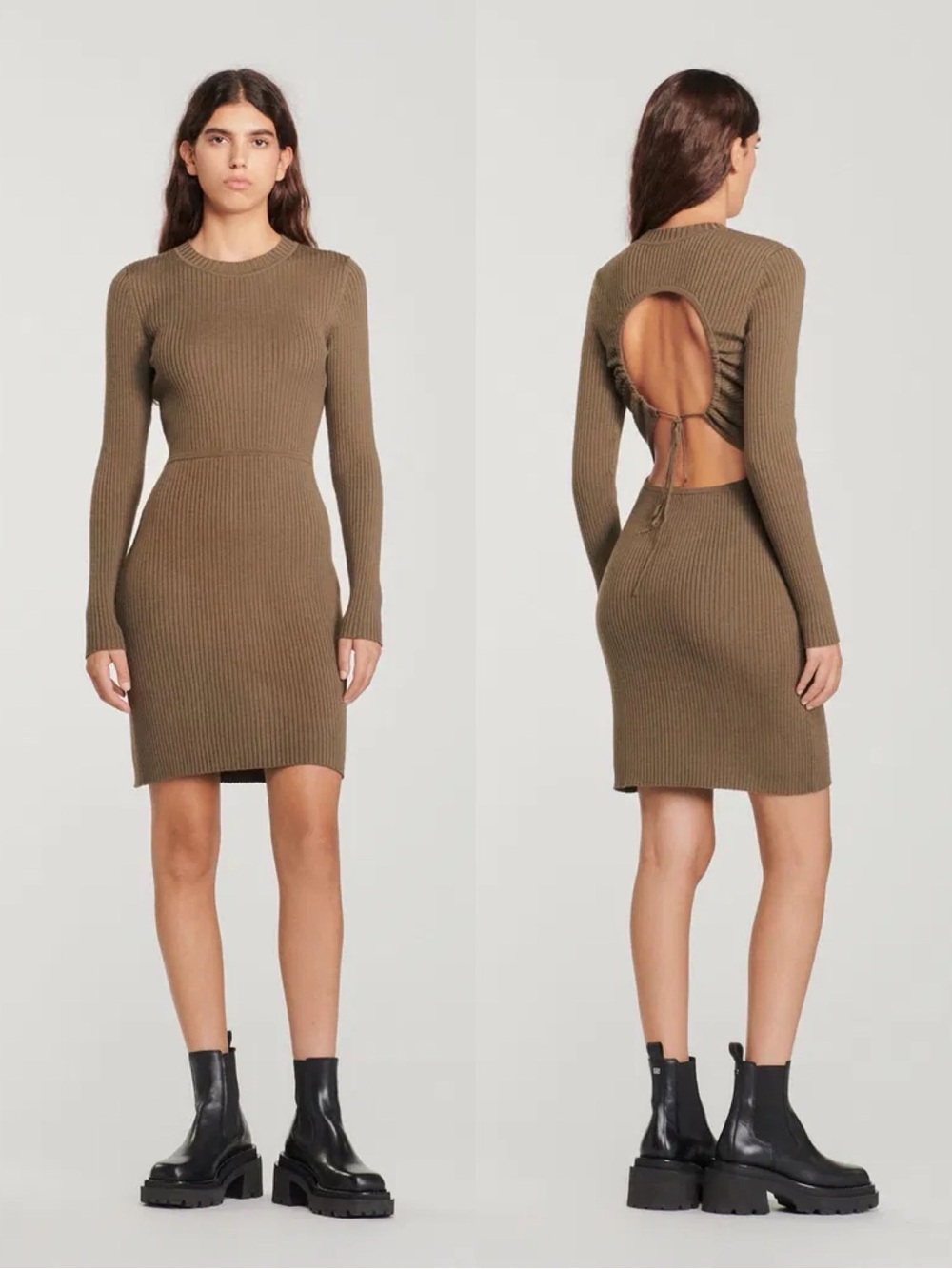 SANDRO • Althea Ribbed Knit Open Back Dress in Kaki